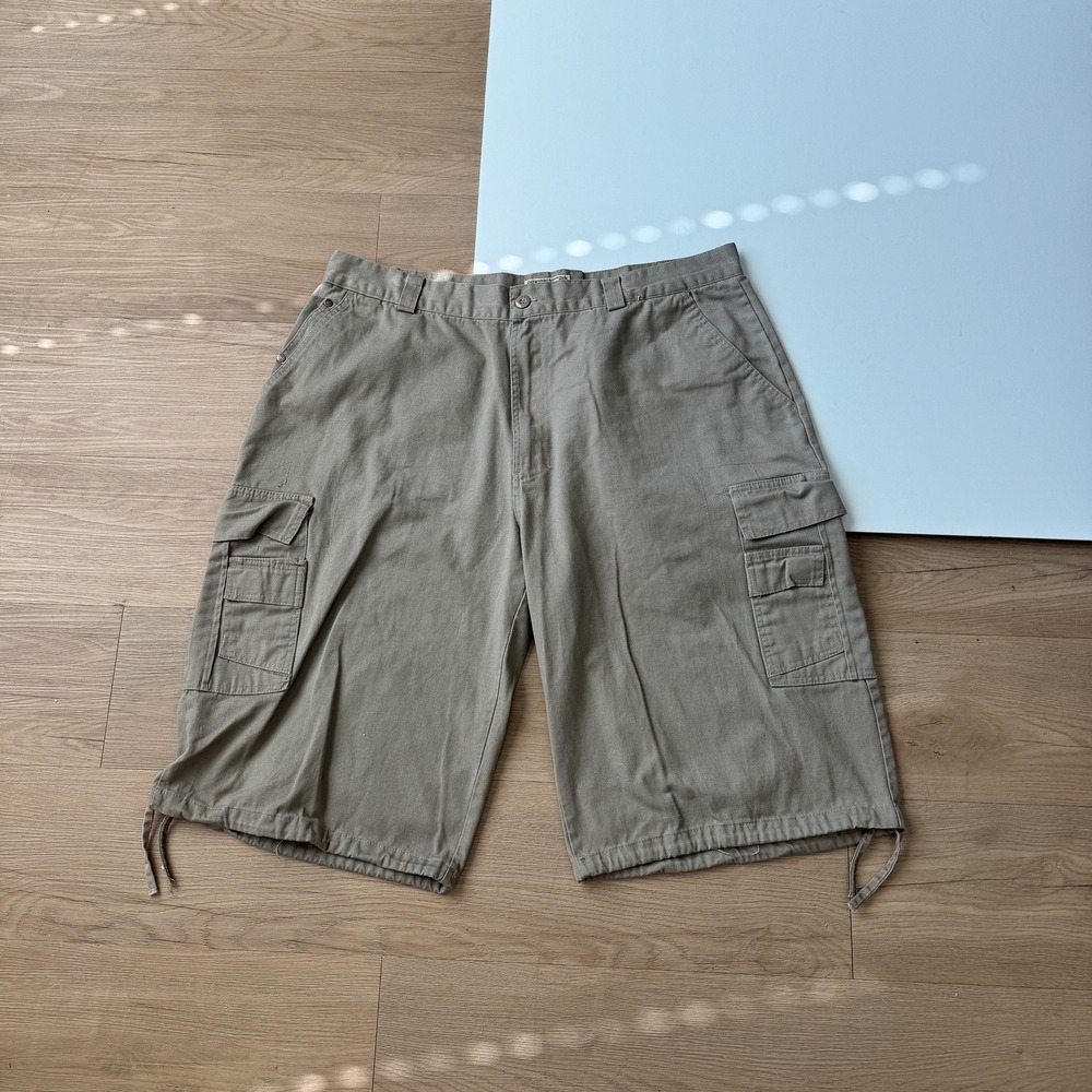 BTLU Mens Cargo Shorts Y2K Khaki Tan Jorts Multi Pocket Drawstring Hem Size 40